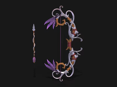 Ornate Bow With Purple Feathers Gold Silver Design And Curved Decorations 3d model