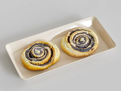 Tasty Spiral Pastries with Dark Swirl Filling on Ivory Ceramic Tray 3d model
