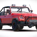 Red Open Top Off Road Vehicle With Roof Mounted Lights And Brown Seats