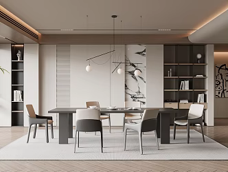 Dining Room Dining Table and Chair Combination Marble Dining Table Leather Dining Chair Sideboard Chandelier Green Plant Books Ornaments 3d model