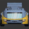 3D Model Car Featuring Blue and Yellow Cartoon Style with Multiple Wheels and Streamlined Design