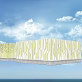 Modern Decorative Fence with Tree and Geometric Patterns Against Blue Sky and Sea