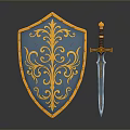 Blue and Gold Decorative Shield and Sword as Medieval Weapons with Ornate Patterns