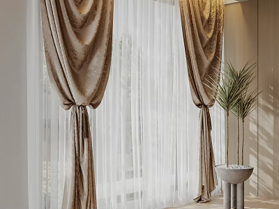 Modern Beige Curtains with Sheer Layers and Pleated Design in Room with Potted Plant 3d model
