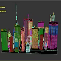 3D City Skyline Night View with Tall Buildings Various Shapes Heights Colorful Neon Lights Reflections