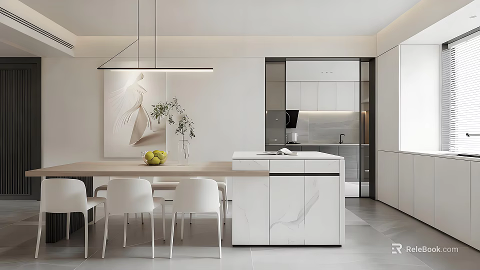 Modern Kitchen Interior With Sleek Bar Counter Marble Surface Dining Table Chairs And Pendant Light 3d model