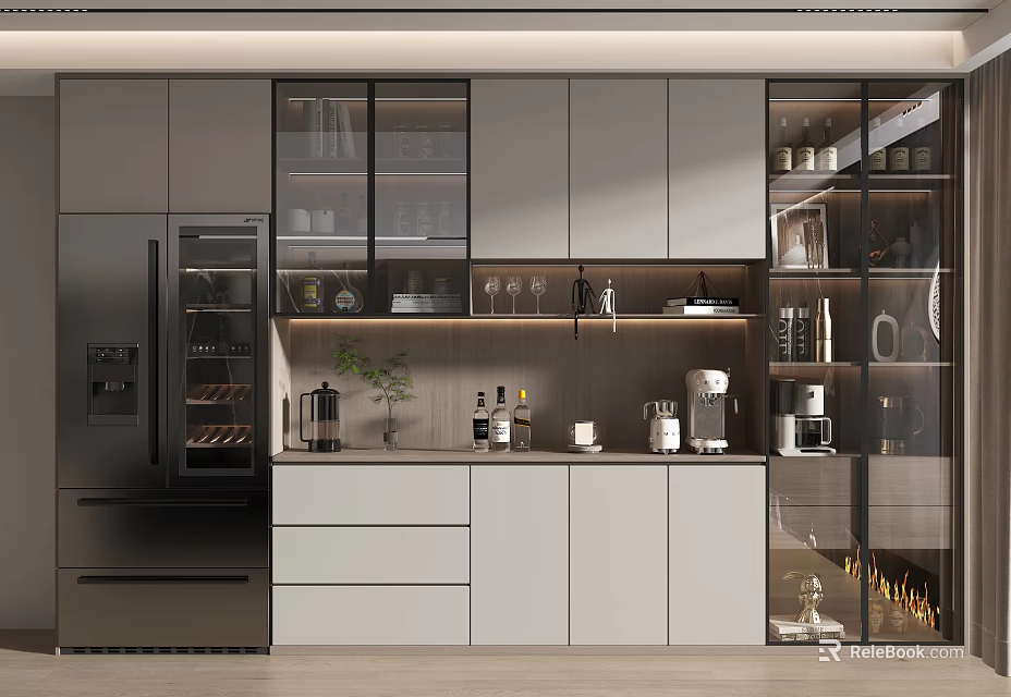 Modern Kitchen Interior With Glass Door Wine Cabinet And Grey Cabinets Coffee Maker 3d model 