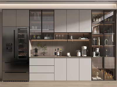 Modern Kitchen Interior With Glass Door Wine Cabinet And Grey Cabinets Coffee Maker 3d model