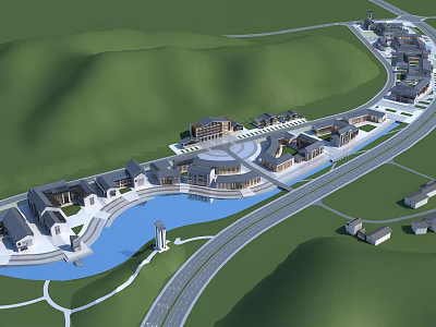 Modern Architectural Complex With Scenic River Green Hills And Road Network 3d model