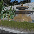 Classic Garden Landscape With Double Tier Stone Fountain And Lush Surrounding Tropical Green Plants