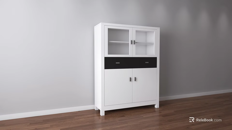 White Decorative Cabinet with Glass Doors and Drawers against Gray Wall on Wooden Floor 3d model 