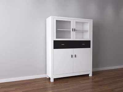 White Decorative Cabinet with Glass Doors and Drawers against Gray Wall on Wooden Floor 3d model