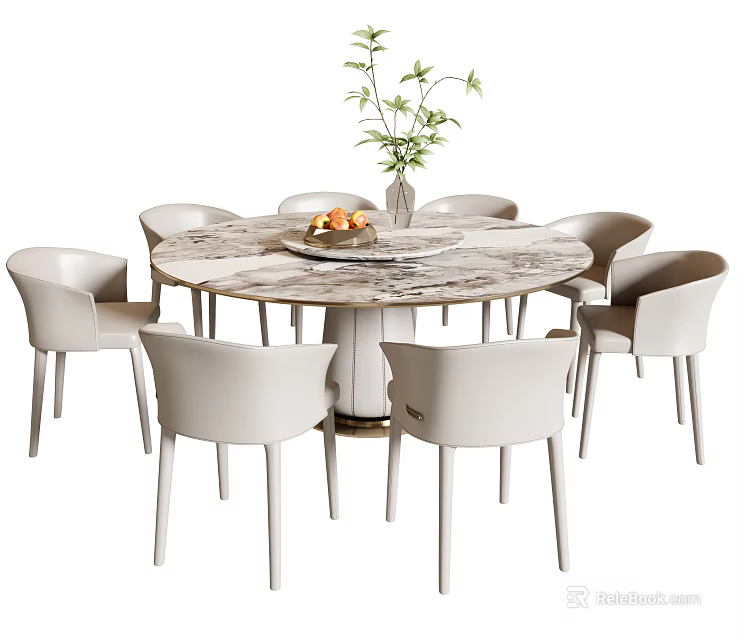 Modern Minimalist Dining Table Set With Round Marble Top And Light Colored Chairs 3d model