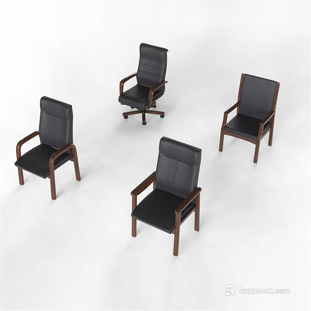 Four Black Leather Leisure Chairs With Wooden Arms And Legs And One Wheeled Design 3d model 