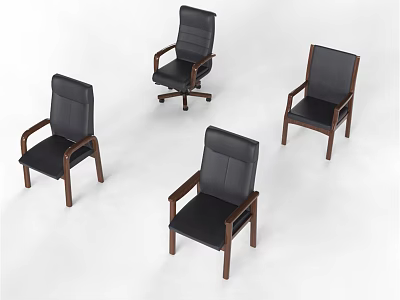 Four Black Leather Leisure Chairs With Wooden Arms And Legs And One Wheeled Design 3d model
