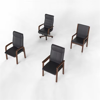 Four Black Leather Leisure Chairs With Wooden Arms And Legs And One Wheeled Design 3d model
