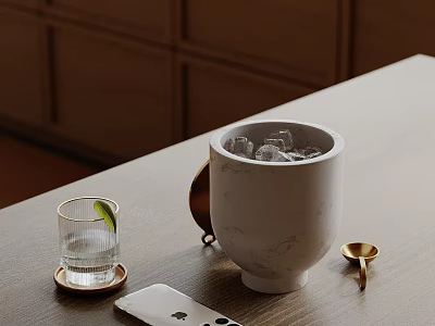 Elegant Decorative Accessory Set With White Marble Container Glass Cup Lime Slice And Brass Spoon 3d model
