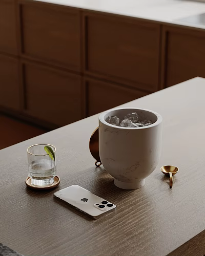 Elegant Decorative Accessory Set With White Marble Container Glass Cup Lime Slice And Brass Spoon 3d model