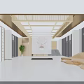 Traditional Chinese Hotel Lobby With Wooden Ceiling Dragon Pattern Wall Green Plants And Sofa