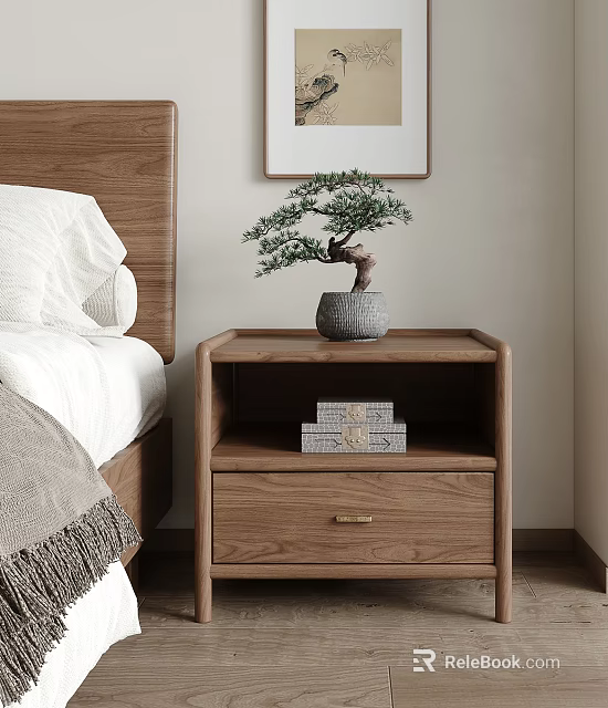 Modern Bedroom Wooden Bedside Cabinet With Potted Plant And Stacked Books 3d model 