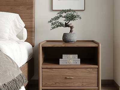 Modern Bedroom Wooden Bedside Cabinet With Potted Plant And Stacked Books 3d model