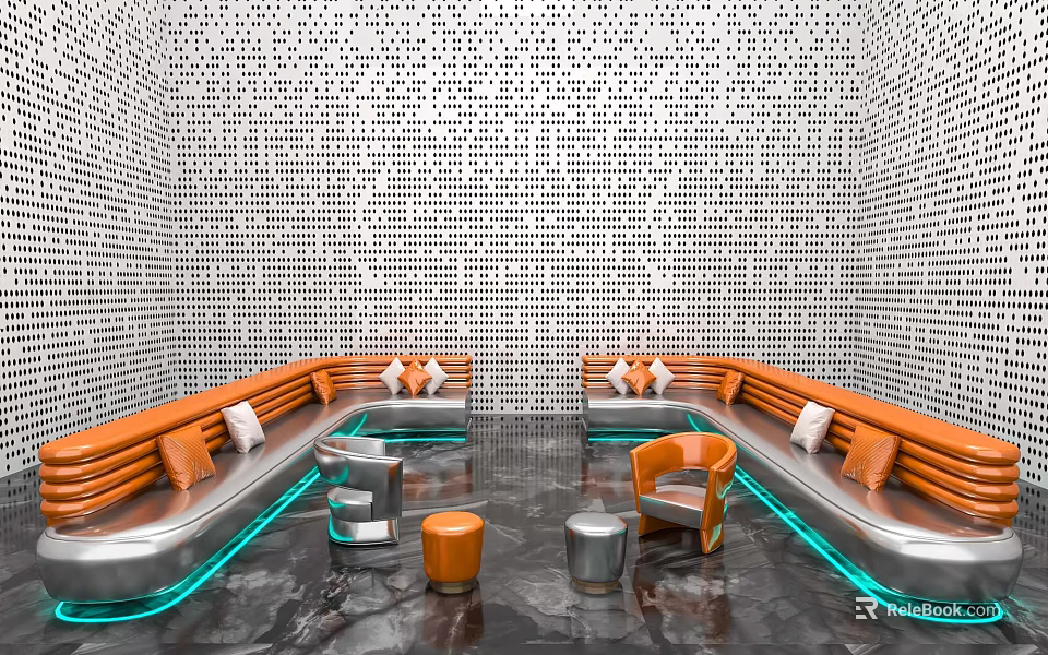 Modern Orange Sofa Coffee Table Set With Armchair Stools Perforated Wall And Floor Lighting 3d model 