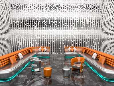 Modern Orange Sofa Coffee Table Set With Armchair Stools Perforated Wall And Floor Lighting 3d model
