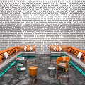 Modern Orange Sofa Coffee Table Set With Armchair Stools Perforated Wall And Floor Lighting