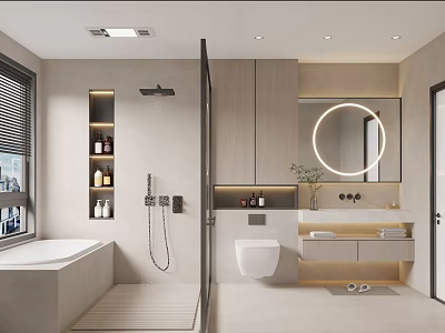 Modern Bathroom Interior Design With Bathtub Shower Area Smart Toilet Round Mirror And Cabinets 3d model