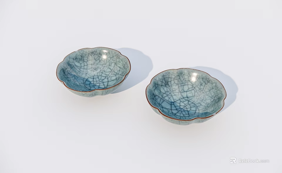 Two Blue Crackle Glaze Ceramic Bowls With Petal Shaped Edges On White Background 3d model 