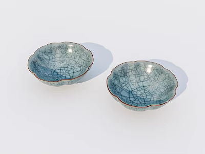 Two Blue Crackle Glaze Ceramic Bowls With Petal Shaped Edges On White Background 3d model