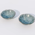 Two Blue Crackle Glaze Ceramic Bowls With Petal Shaped Edges On White Background