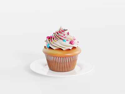 Delicious Cupcake with Swirled Vanilla Frosting and Colorful Sprinkles on White Plate Against White Background 3d model