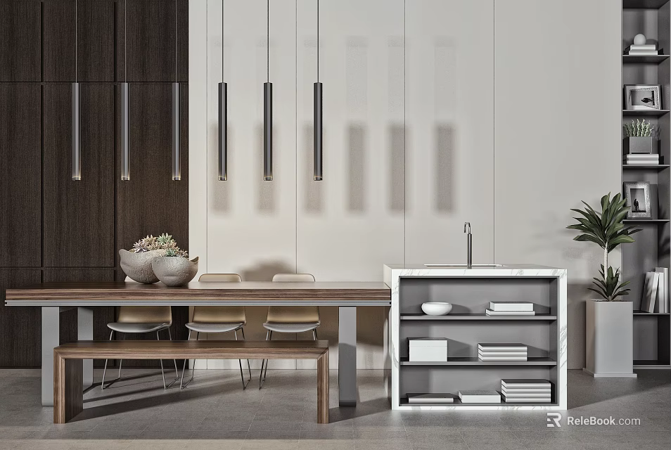 Modern Dining Table Set With Bench Chairs Marble Top Cabinet Hanging Lights And Potted Plant 3d model 