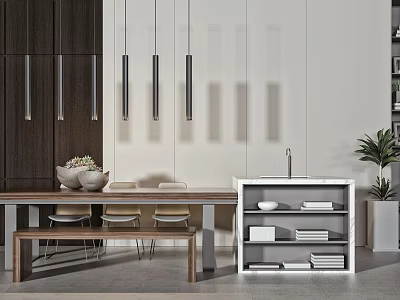 Modern Dining Table Set With Bench Chairs Marble Top Cabinet Hanging Lights And Potted Plant 3d model