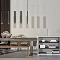 Modern Dining Table Set With Bench Chairs Marble Top Cabinet Hanging Lights And Potted Plant