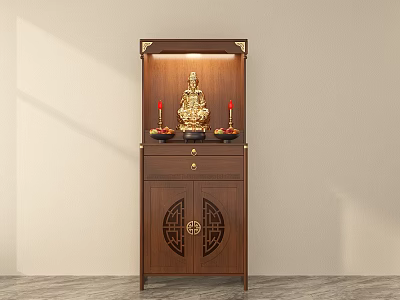 Traditional Wooden Buddhist Shrine Cabinet with Carved Lattice Doors and Golden Buddha Statue 3d model