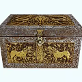 Vintage Metal Decorative Box With Golden Animal Motifs And Floral Patterns