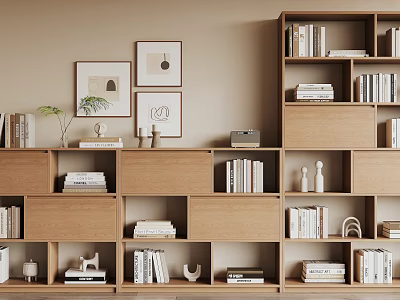 Wooden Bookshelf With Multi Tiered Beige Wall Decorative Paintings Books Small Decor And Vintage Radio 3d model