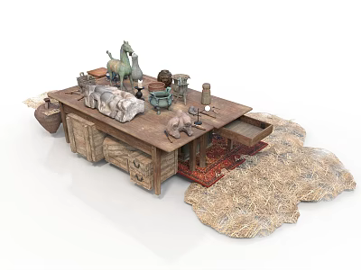 Wooden Work Desk With Camel Figurine Stone Decorations Clay Pots Drawers Rug And Hay 3d model