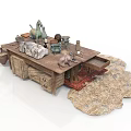 Wooden Work Desk With Camel Figurine Stone Decorations Clay Pots Drawers Rug And Hay