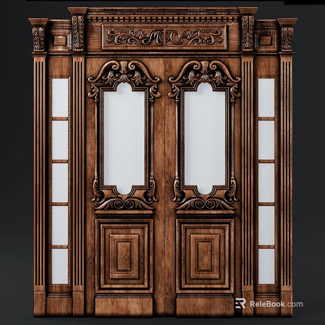 Vintage Wooden Double Doors With Intricate Carvings And Glass Panels 3d model 