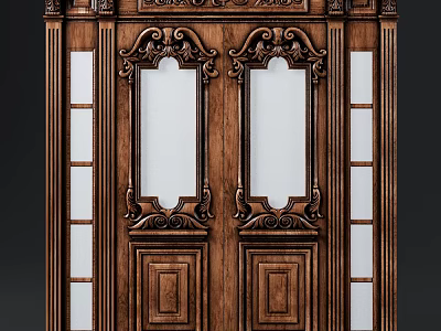 Vintage Wooden Double Doors With Intricate Carvings And Glass Panels 3d model