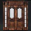 Vintage Wooden Double Doors With Intricate Carvings And Glass Panels
