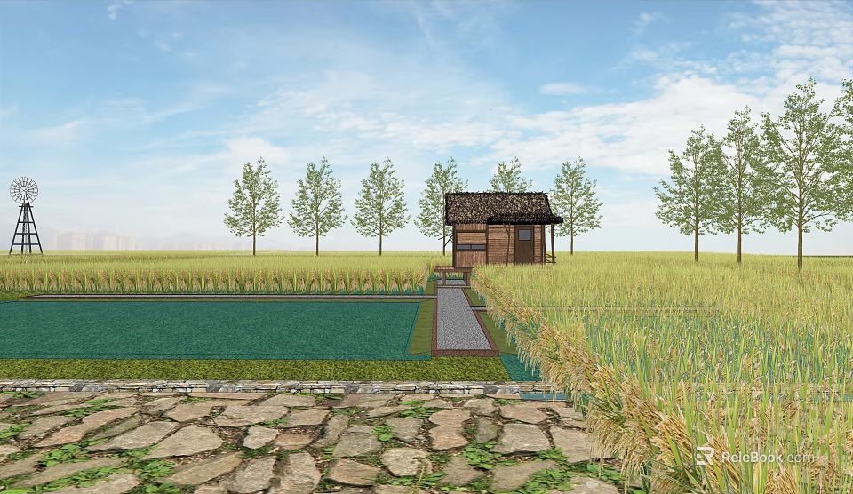 Tranquil Rural Scenery With Golden Rice Fields Stone Path Wooden Cabin And Clear Blue Sky 3d model 