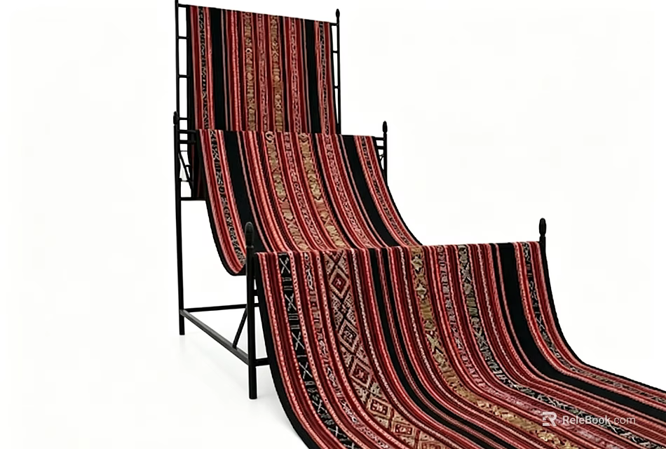 Red And Black Striped Blankets With Geometric Patterns Hanging On Black Rack 3d model 