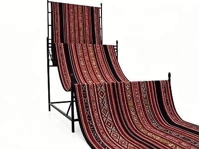 Red And Black Striped Blankets With Geometric Patterns Hanging On Black Rack 3d model