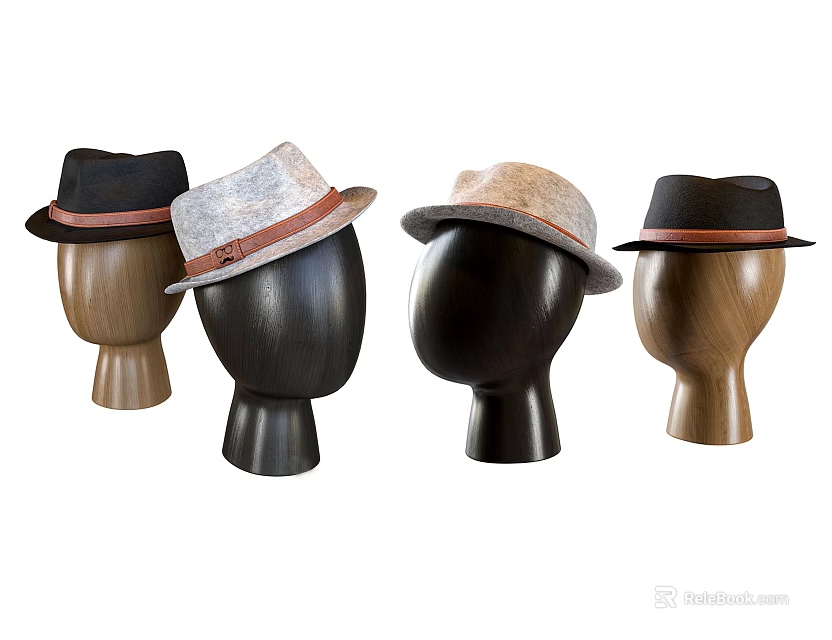Various Stylish Hats Displayed On Wooden And Black Mannequin Heads 3d model 
