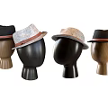 Various Stylish Hats Displayed On Wooden And Black Mannequin Heads