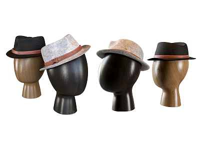 Various Stylish Hats Displayed On Wooden And Black Mannequin Heads 3d model